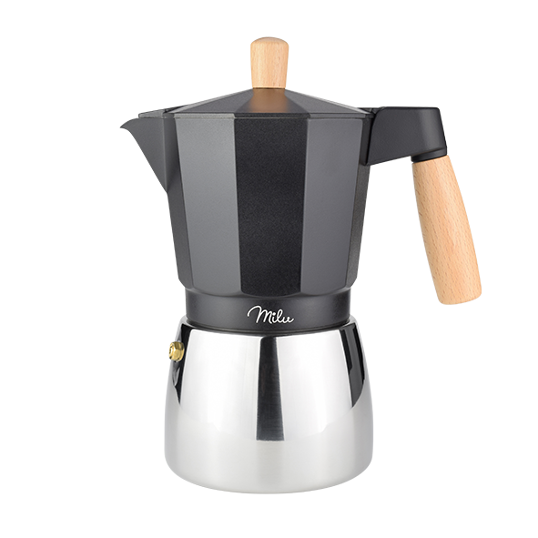 Milu Induktion Espressokocher-Set, schwarz mit Echtholz, 300ml (6 Tassen)