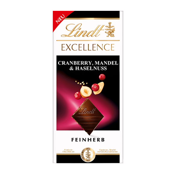Lindt Excellence Cranberry, Mandel &amp; Haselnuss Feinherb, 100g Tafel