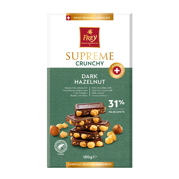 Frey Supreme Crunchy Dunkle Schokolade mit Haselnuss, 180g Tafel