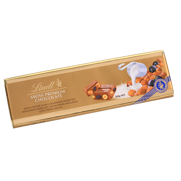 Lindt Swiss Premium Chocolate Alpenvollmilch Traube-Nuss, 300g Tafel