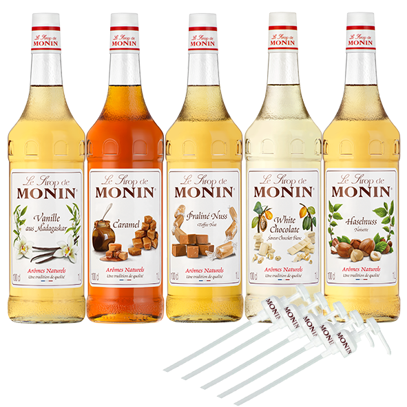 Monin 5+5 Set Café Kaffeesirup mit 5 Dosierpumpen